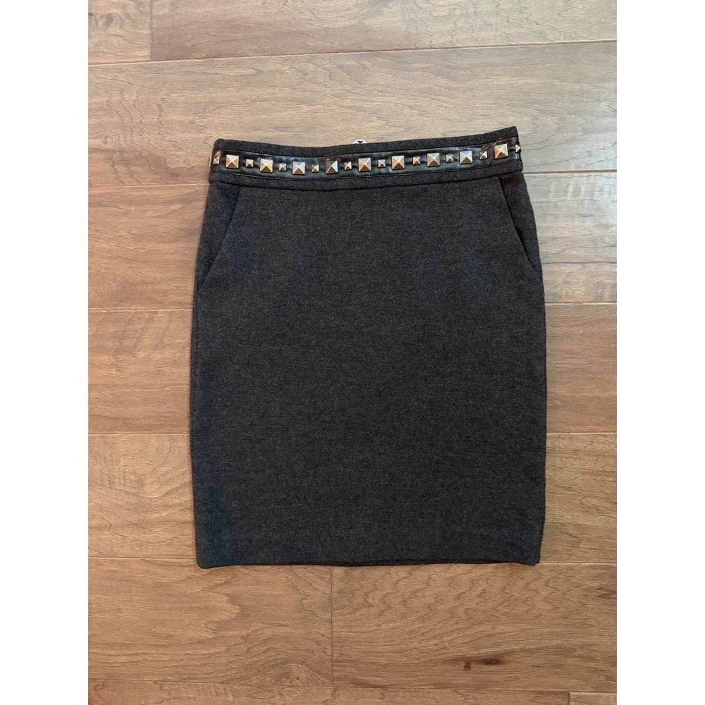 Tory Burch Grey 100% Wool Studded Leather Waist Pencil Skirt Womens Small